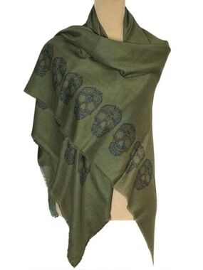 Blue Pacific Cashmere Blend Scarf Skull Print Green Large Square Grunge Goth
